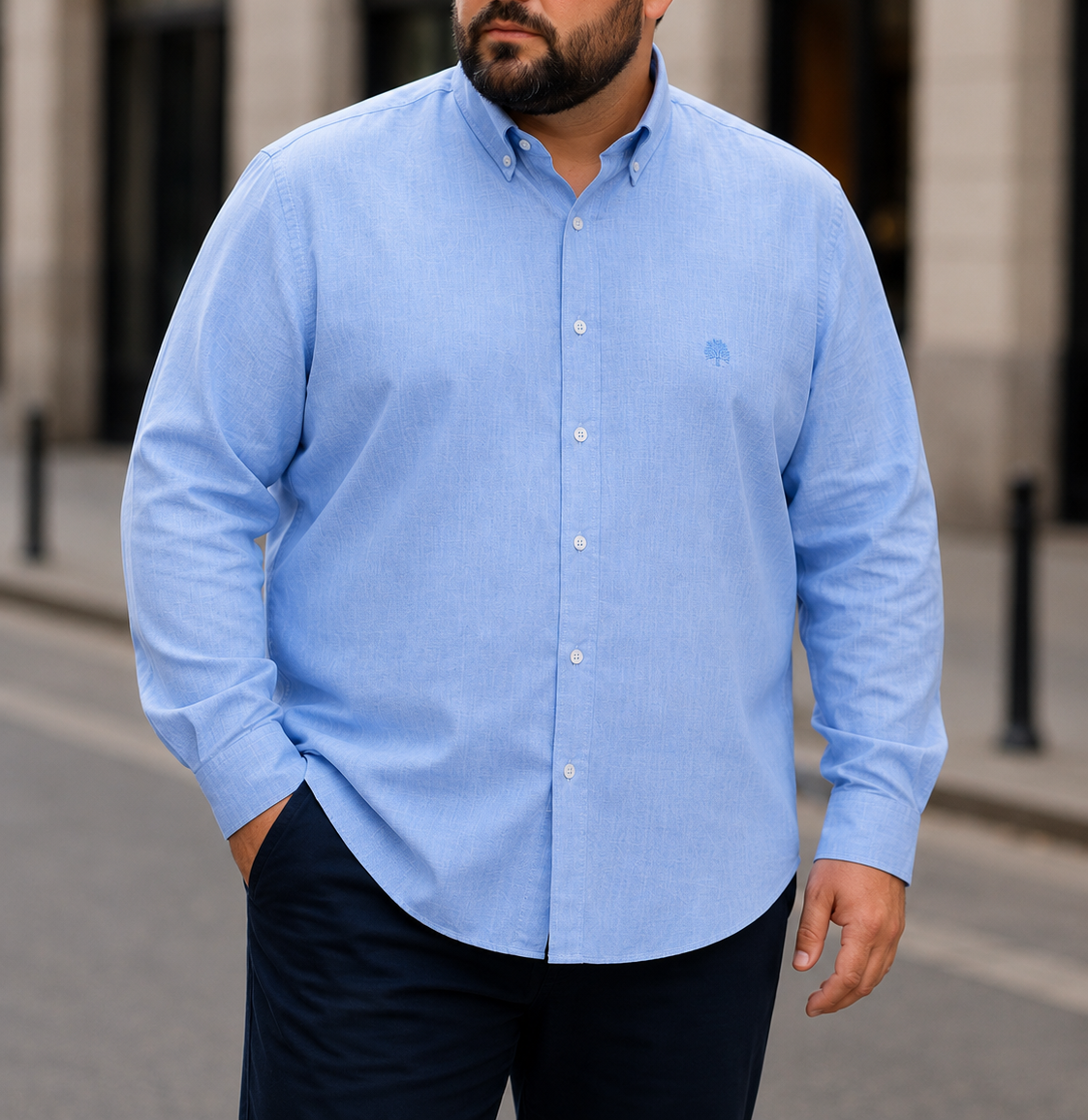 Ανδρικό σιέλ λινό πουκάμισο με γιακά Plus Size CA2528S - CASTELLI - 
